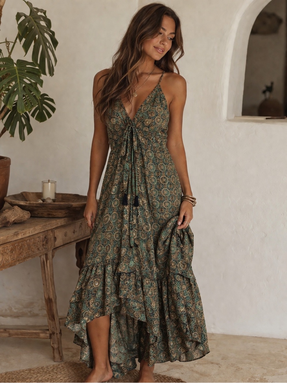 NWT Karma Highway Boho V-Neck Green Paisley Maxi Dress OS